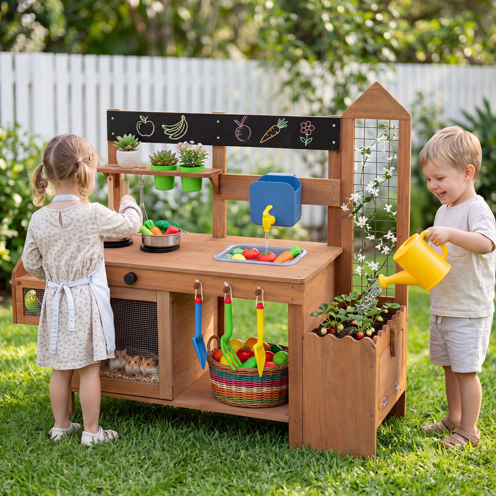 Kids Mud Kitchen, Solid Wood Toddler Kitchen Playset with Detachable Bird Cage, Planter, Trellis