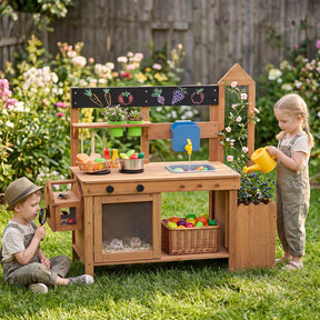 Kids Mud Kitchen, Solid Wood Toddler Kitchen Playset with Detachable Bird Cage, Planter, Trellis