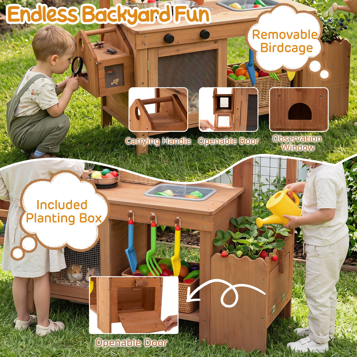 Kids Mud Kitchen, Solid Wood Toddler Kitchen Playset with Detachable Bird Cage, Planter, Trellis