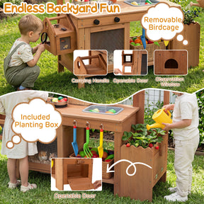 Kids Mud Kitchen, Solid Wood Toddler Kitchen Playset with Detachable Bird Cage, Planter, Trellis