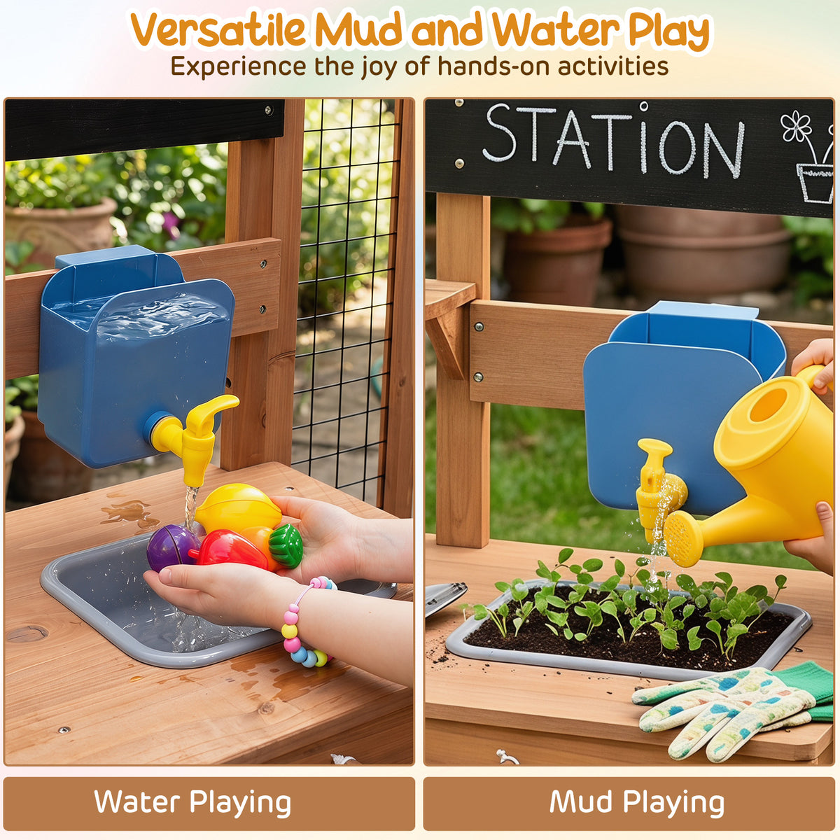 Kids Mud Kitchen, Solid Wood Toddler Kitchen Playset with Detachable Bird Cage, Planter, Trellis