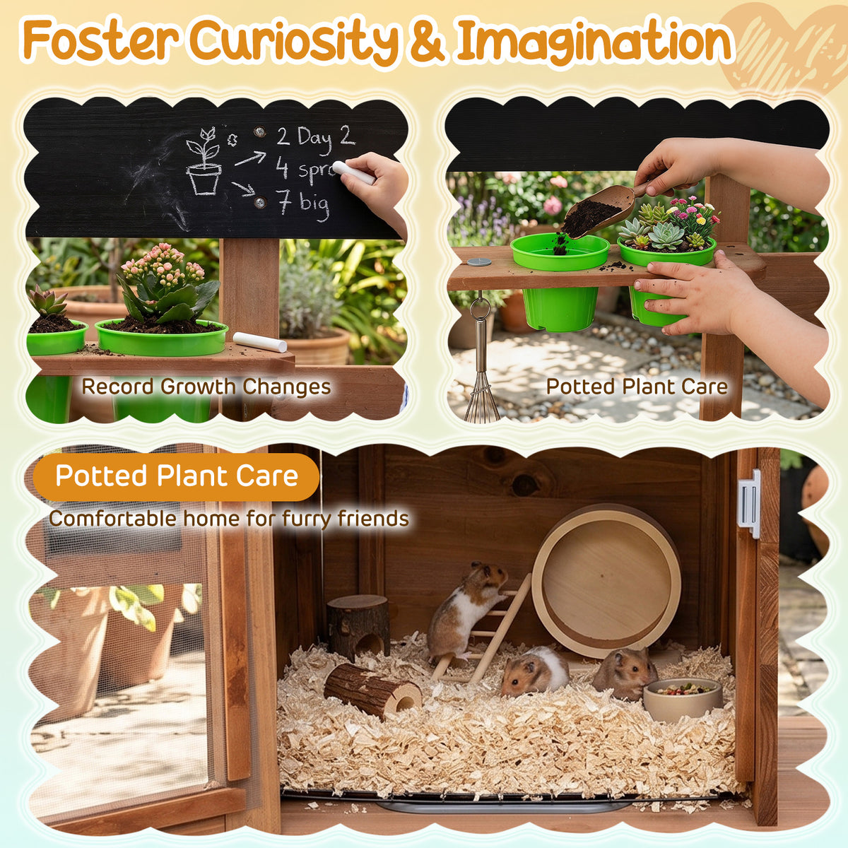 Kids Mud Kitchen, Solid Wood Toddler Kitchen Playset with Detachable Bird Cage, Planter, Trellis