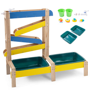 Sand and Water Table for Toddlers, Fir Wood Montessori Sensory Play Activity Table with 2 Water Basins, Plant Pots