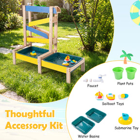 Sand and Water Table for Toddlers, Fir Wood Montessori Sensory Play Activity Table with 2 Water Basins, Plant Pots