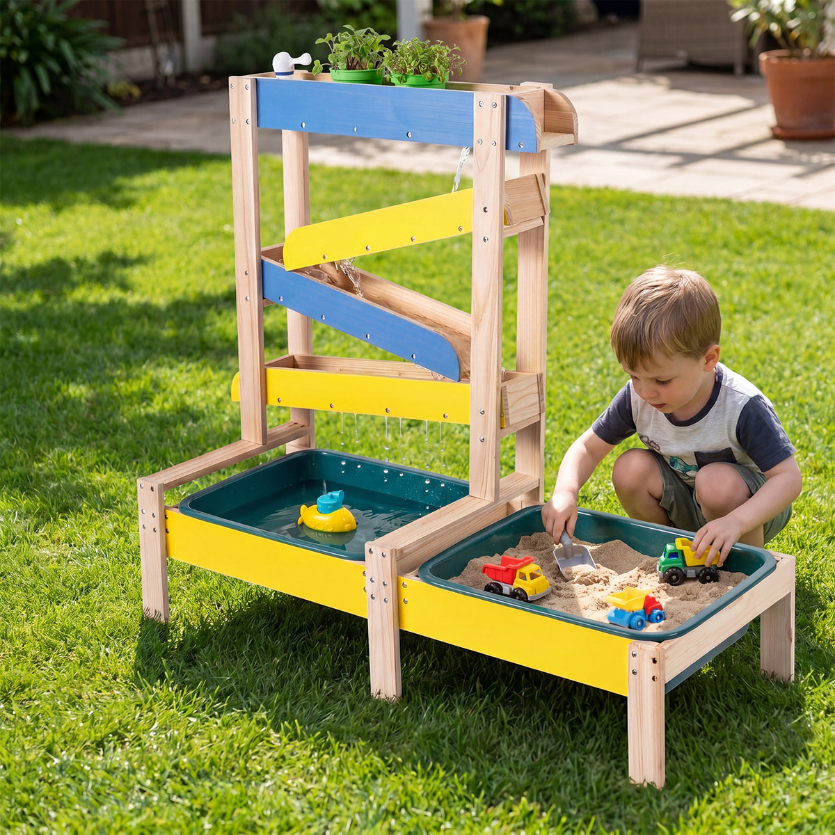 Sand and Water Table for Toddlers, Fir Wood Montessori Sensory Play Activity Table with 2 Water Basins, Plant Pots