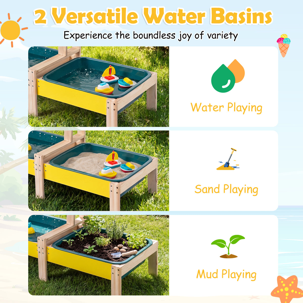 Sand and Water Table for Toddlers, Fir Wood Montessori Sensory Play Activity Table with 2 Water Basins, Plant Pots