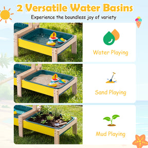 Sand and Water Table for Toddlers, Fir Wood Montessori Sensory Play Activity Table with 2 Water Basins, Plant Pots
