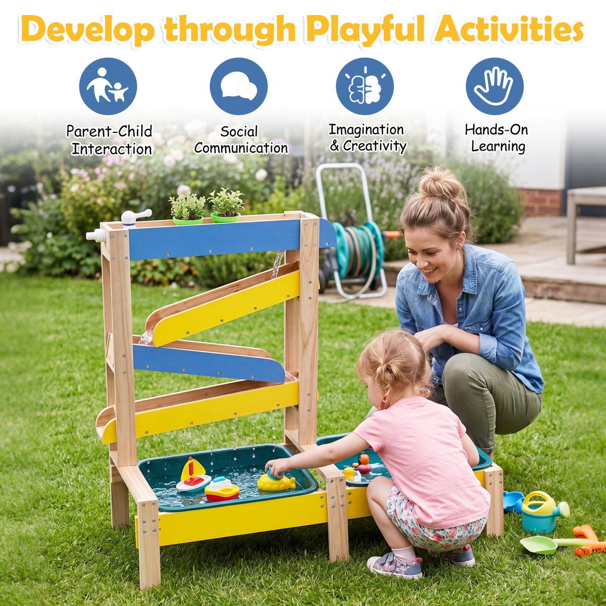 Sand and Water Table for Toddlers, Fir Wood Montessori Sensory Play Activity Table with 2 Water Basins, Plant Pots