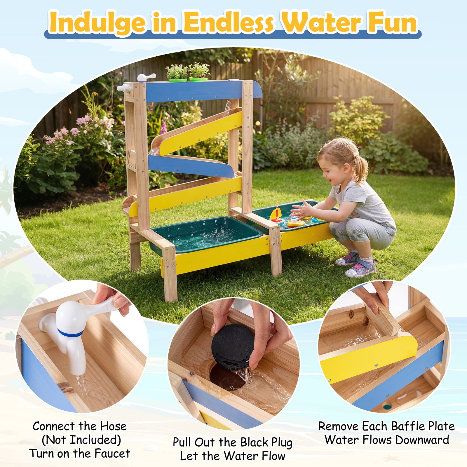 Sand and Water Table for Toddlers, Fir Wood Montessori Sensory Play Activity Table with 2 Water Basins, Plant Pots