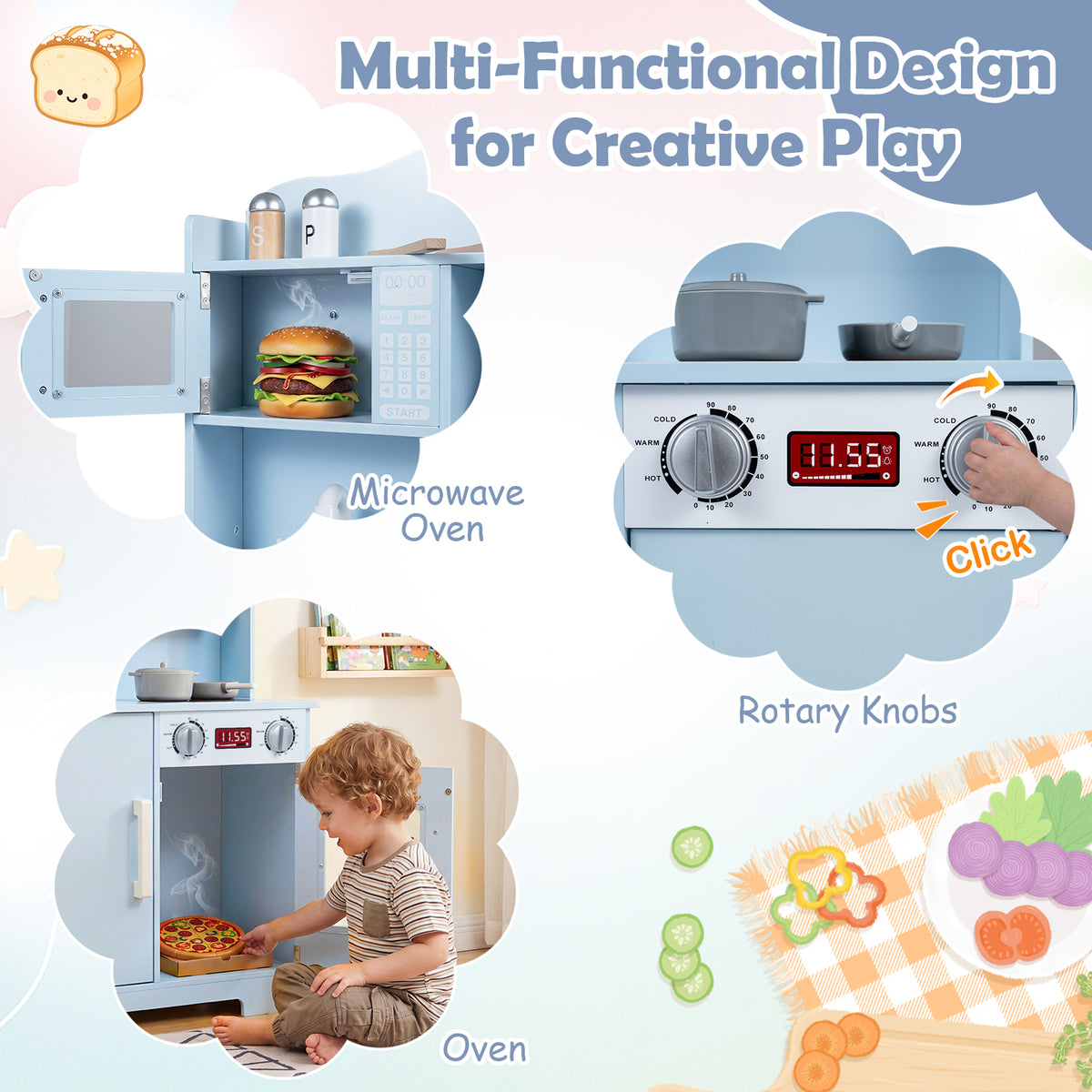 Play Kitchen for Kids Wooden Playset with Range Hood, Microwave  