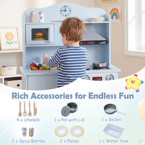 Play Kitchen for Kids Wooden Playset with Range Hood, Microwave  