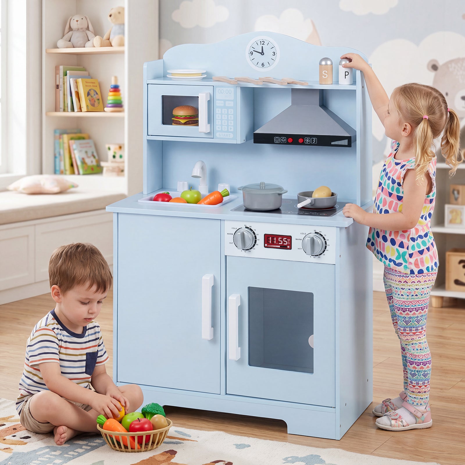 Play Kitchen for Kids Wooden Playset with Range Hood, Microwave  