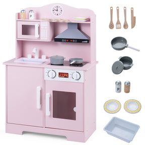 Play Kitchen for Kids Wooden Playset with Range Hood, Microwave  