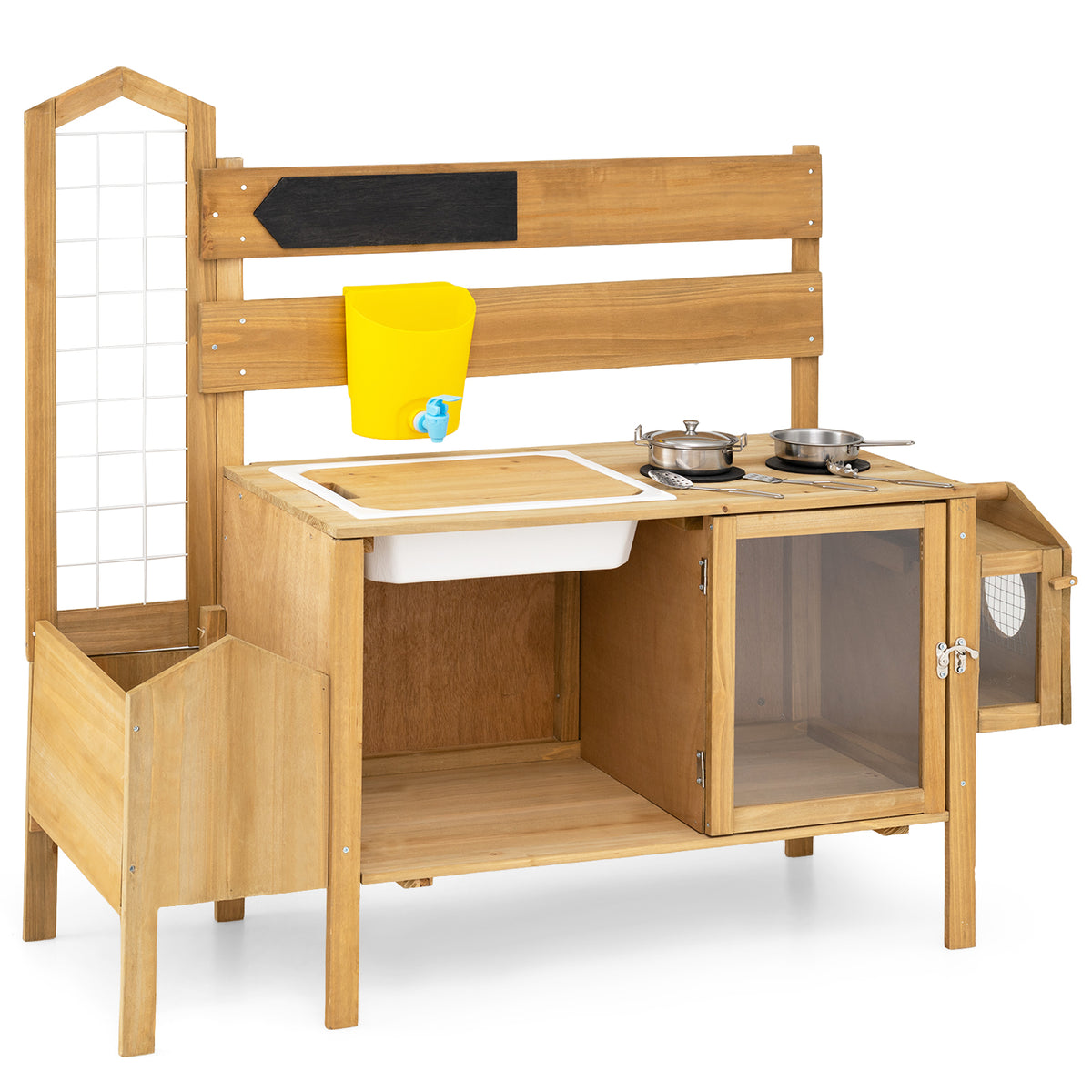 Mud Kitchen for Kids, Pretend Play Kitchen with Detachable Bird Cage, Trellis, Planter Box