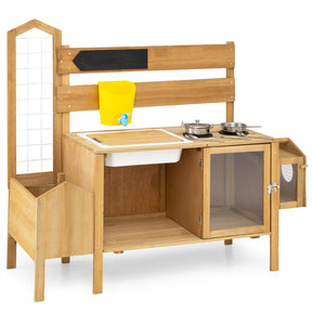 Mud Kitchen for Kids, Pretend Play Kitchen with Detachable Bird Cage, Trellis, Planter Box