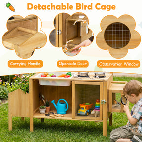Mud Kitchen for Kids, Pretend Play Kitchen with Detachable Bird Cage, Trellis, Planter Box