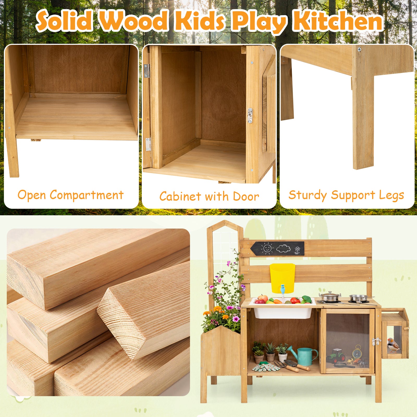 Mud Kitchen for Kids, Pretend Play Kitchen with Detachable Bird Cage, Trellis, Planter Box