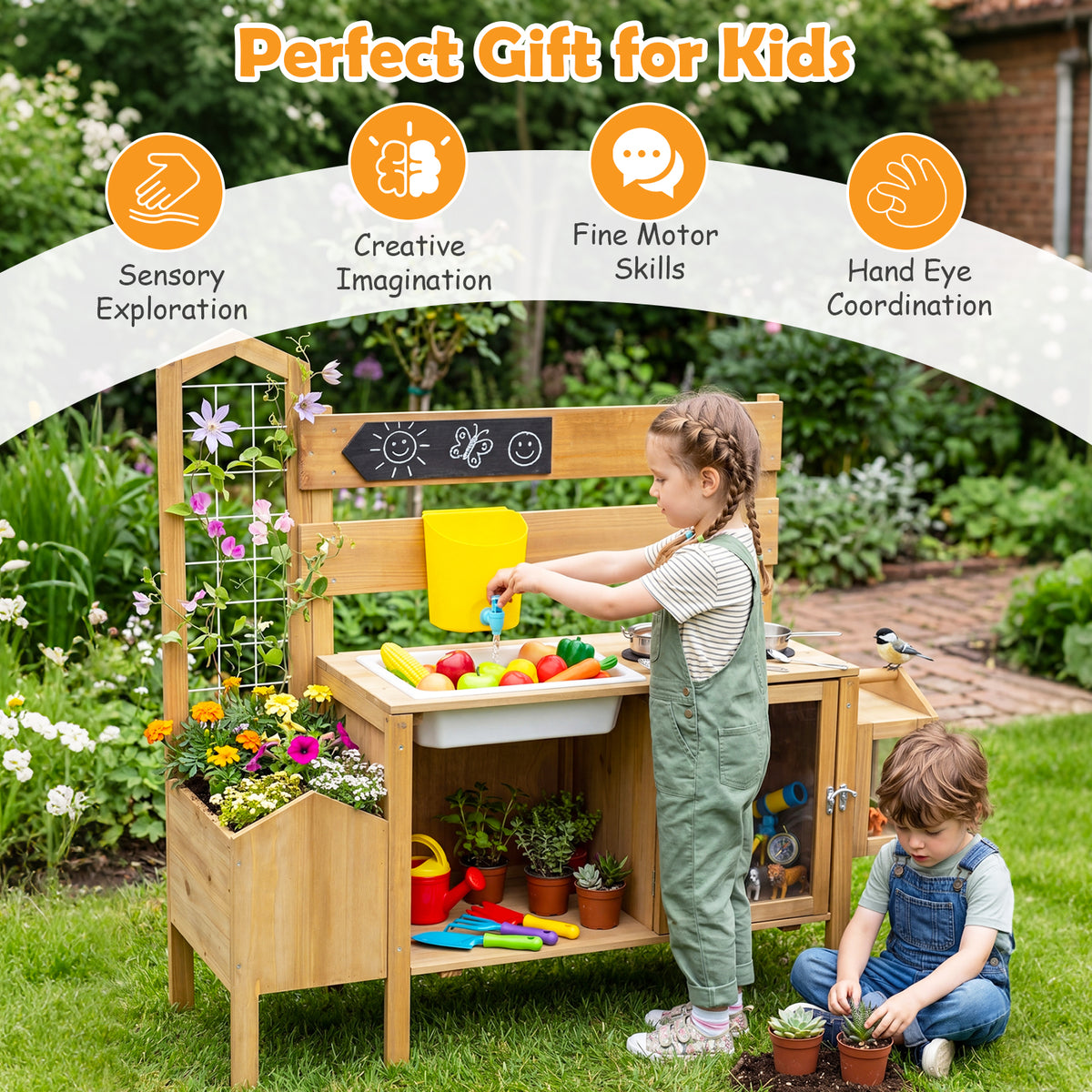 Mud Kitchen for Kids, Pretend Play Kitchen with Detachable Bird Cage, Trellis, Planter Box