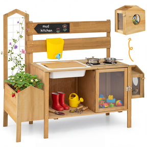 Mud Kitchen for Kids, Pretend Play Kitchen with Detachable Bird Cage, Trellis, Planter Box