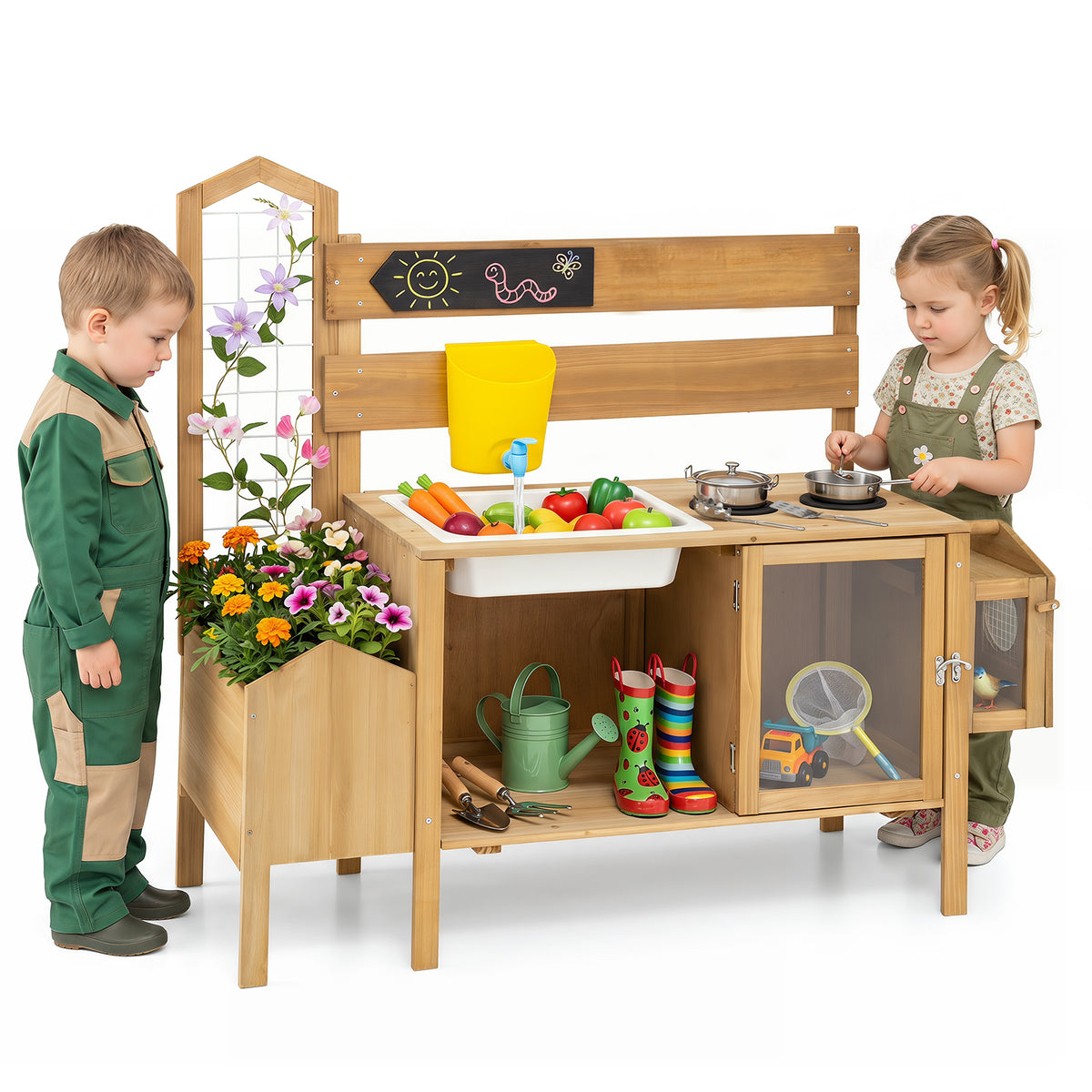 Mud Kitchen for Kids, Pretend Play Kitchen with Detachable Bird Cage, Trellis, Planter Box