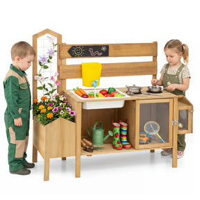 Mud Kitchen for Kids, Pretend Play Kitchen with Detachable Bird Cage, Trellis, Planter Box