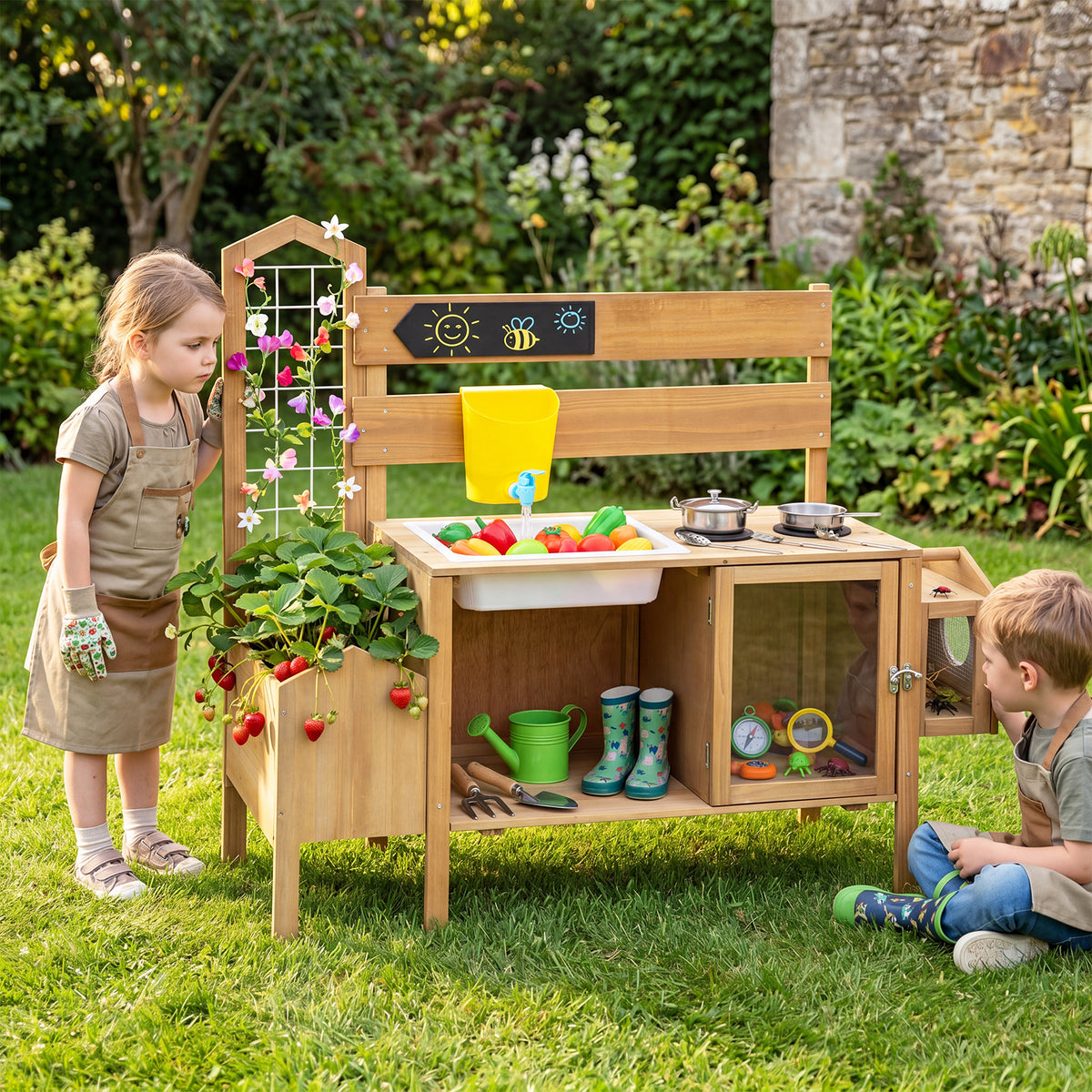 Mud Kitchen for Kids, Pretend Play Kitchen with Detachable Bird Cage, Trellis, Planter Box