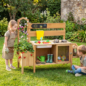 Mud Kitchen for Kids, Pretend Play Kitchen with Detachable Bird Cage, Trellis, Planter Box