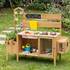Mud Kitchen for Kids, Pretend Play Kitchen with Detachable Bird Cage, Trellis, Planter Box