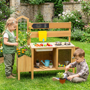 Mud Kitchen for Kids, Pretend Play Kitchen with Detachable Bird Cage, Trellis, Planter Box