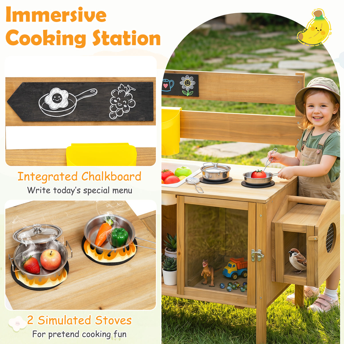 Mud Kitchen for Kids, Pretend Play Kitchen with Detachable Bird Cage, Trellis, Planter Box