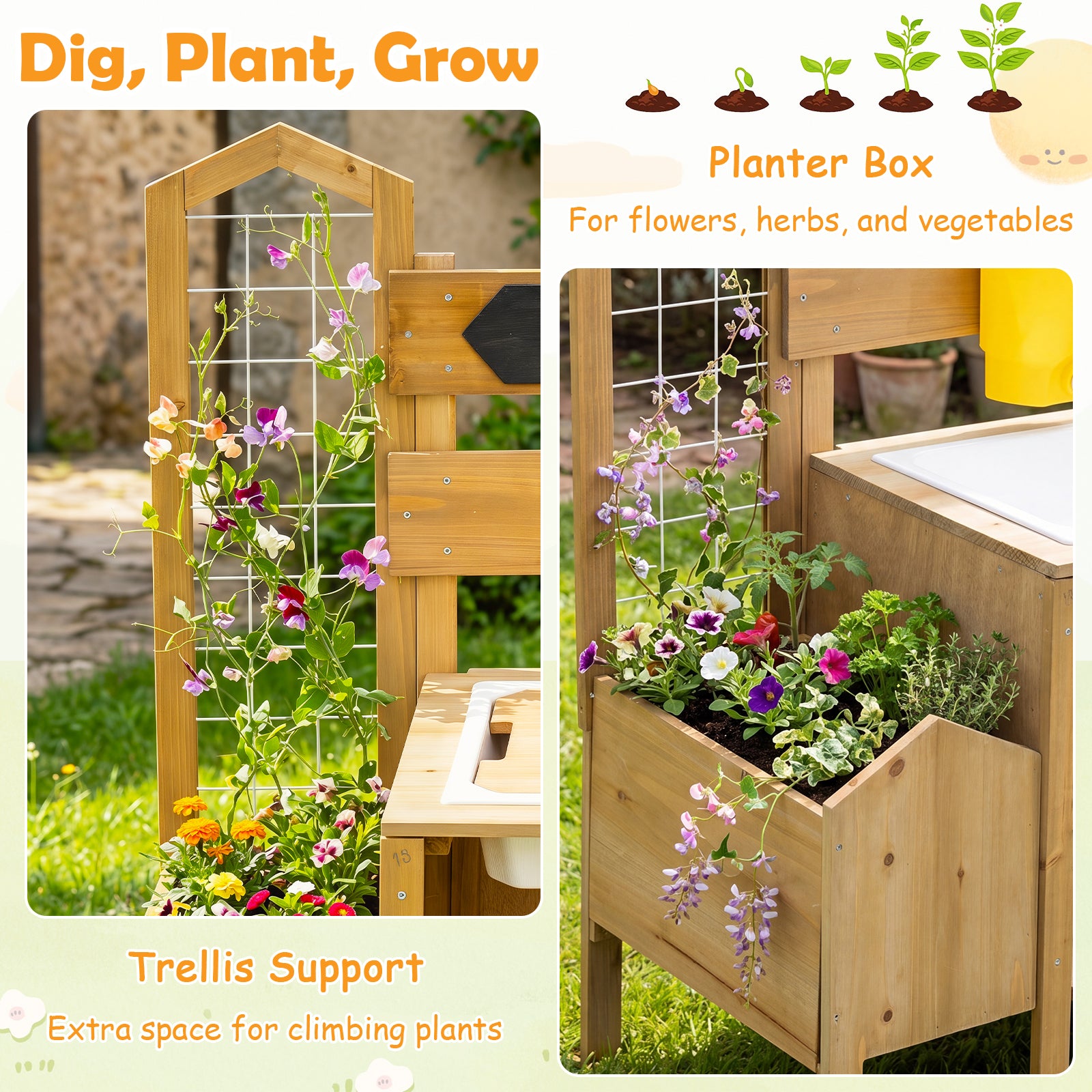 Mud Kitchen for Kids, Pretend Play Kitchen with Detachable Bird Cage, Trellis, Planter Box