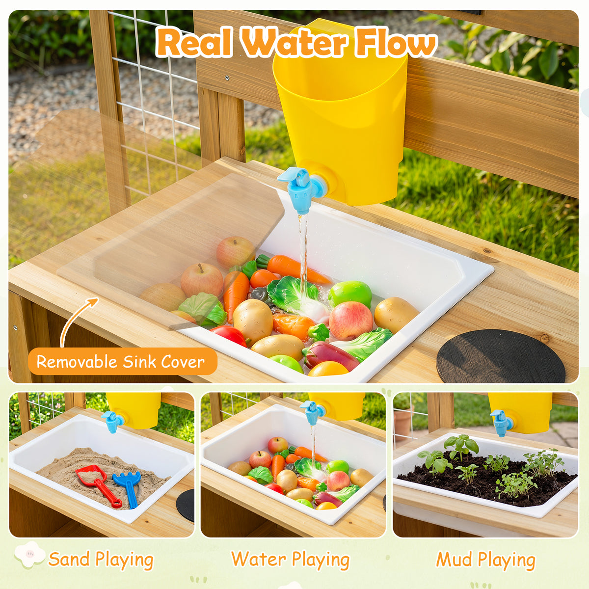 Mud Kitchen for Kids, Pretend Play Kitchen with Detachable Bird Cage, Trellis, Planter Box