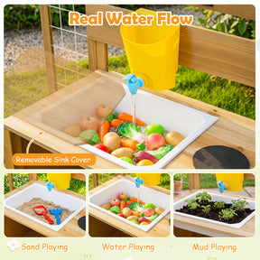 Mud Kitchen for Kids, Pretend Play Kitchen with Detachable Bird Cage, Trellis, Planter Box