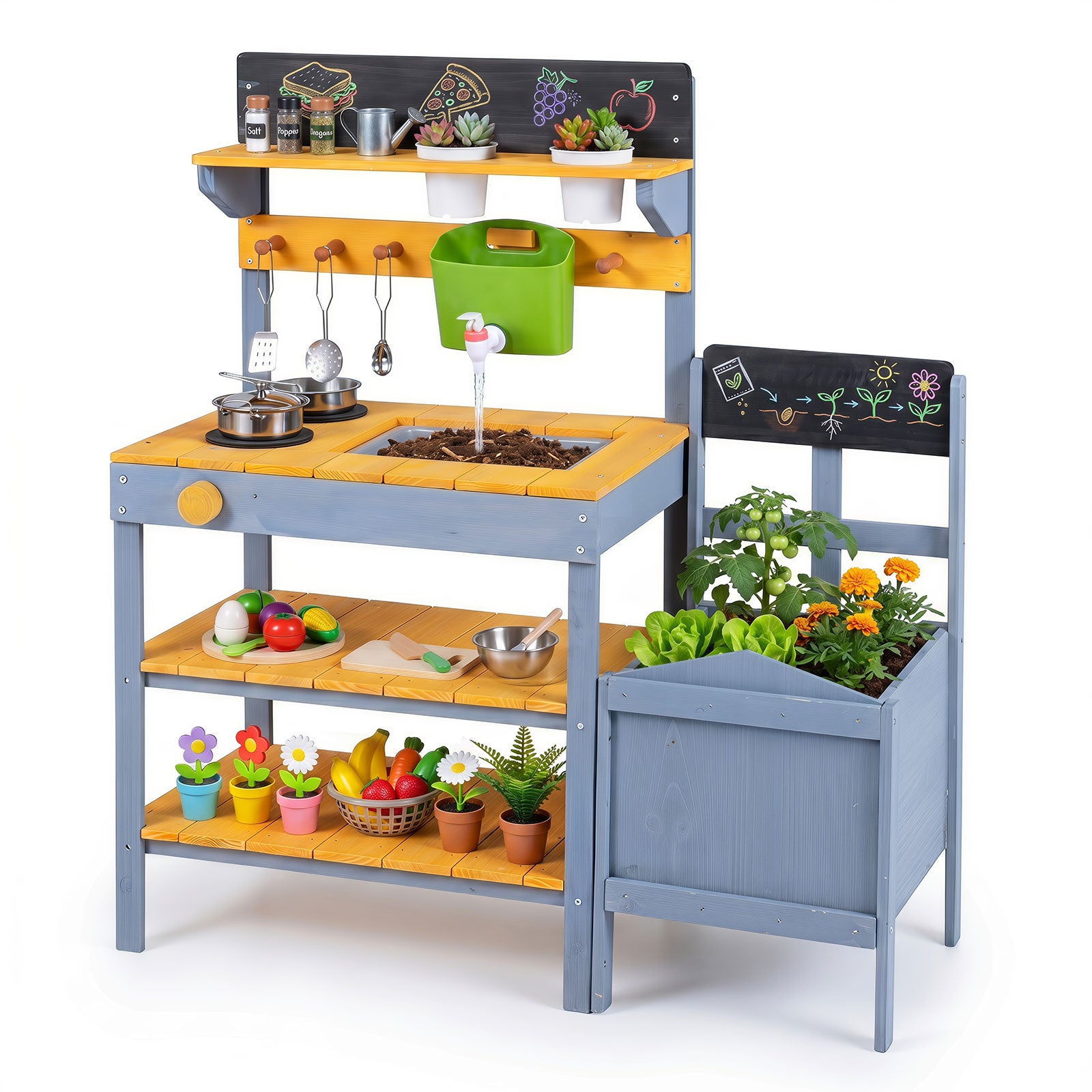 Mud Kitchen Set for Kids, Outdoor Wooden Play Kitchen Potting Bench with Running Water Reservoir