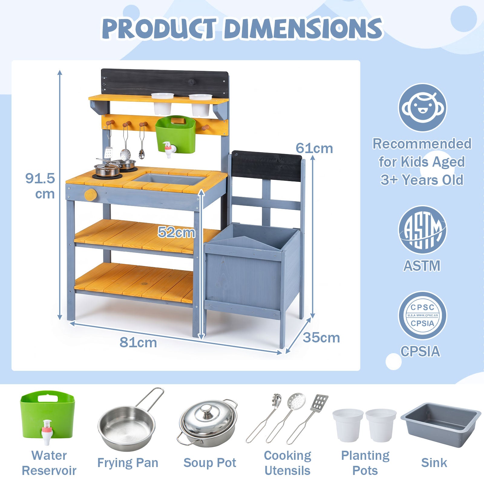 Mud Kitchen Set for Kids, Outdoor Wooden Play Kitchen Potting Bench with Running Water Reservoir