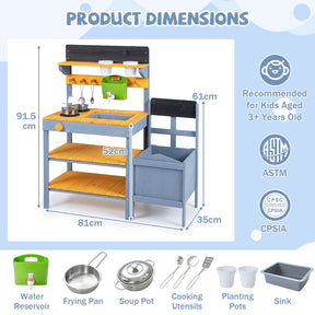 Mud Kitchen Set for Kids, Outdoor Wooden Play Kitchen Potting Bench with Running Water Reservoir