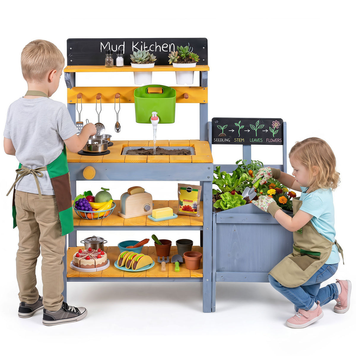 Mud Kitchen Set for Kids, Outdoor Wooden Play Kitchen Potting Bench with Running Water Reservoir