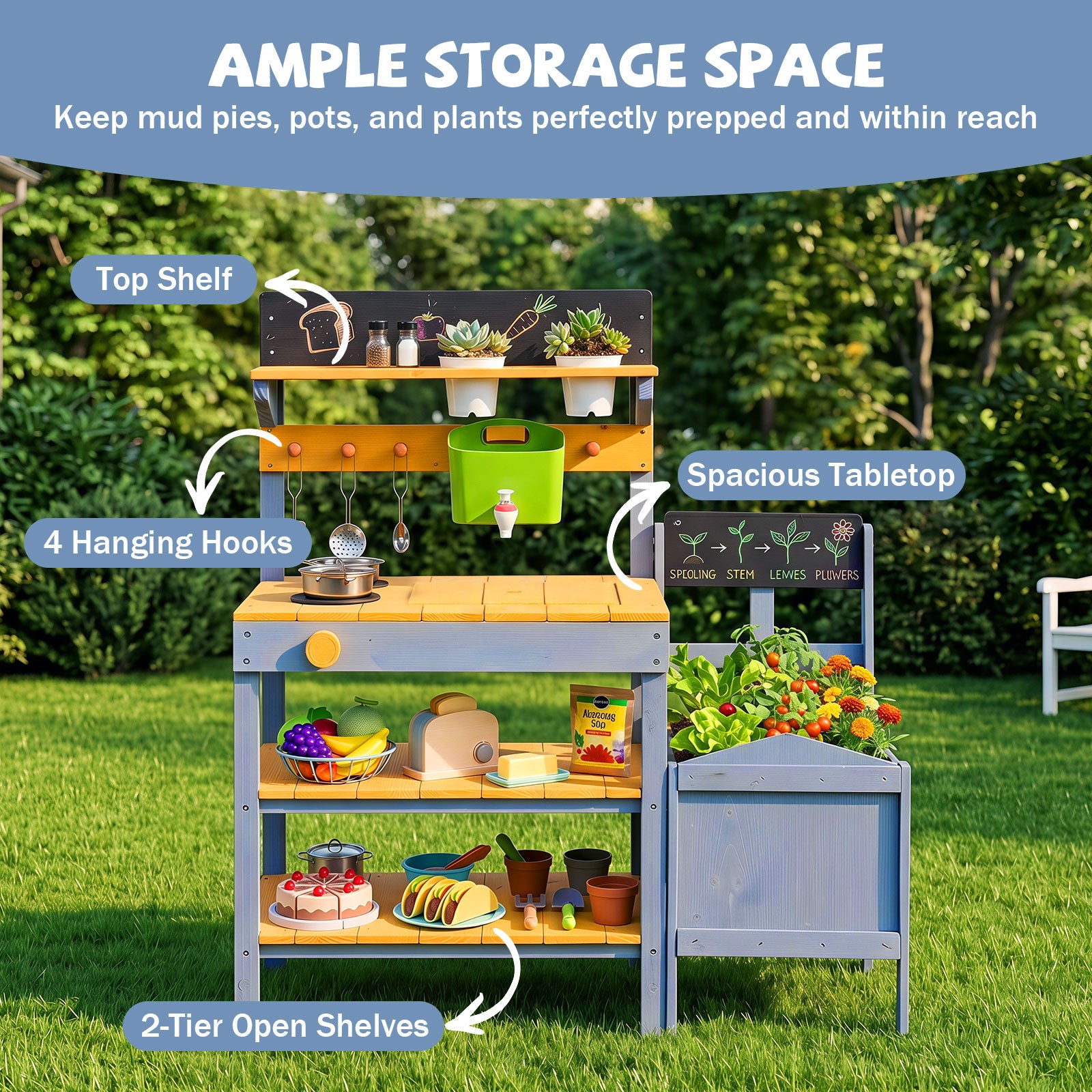 Mud Kitchen Set for Kids, Outdoor Wooden Play Kitchen Potting Bench with Running Water Reservoir
