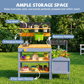 Mud Kitchen Set for Kids, Outdoor Wooden Play Kitchen Potting Bench with Running Water Reservoir