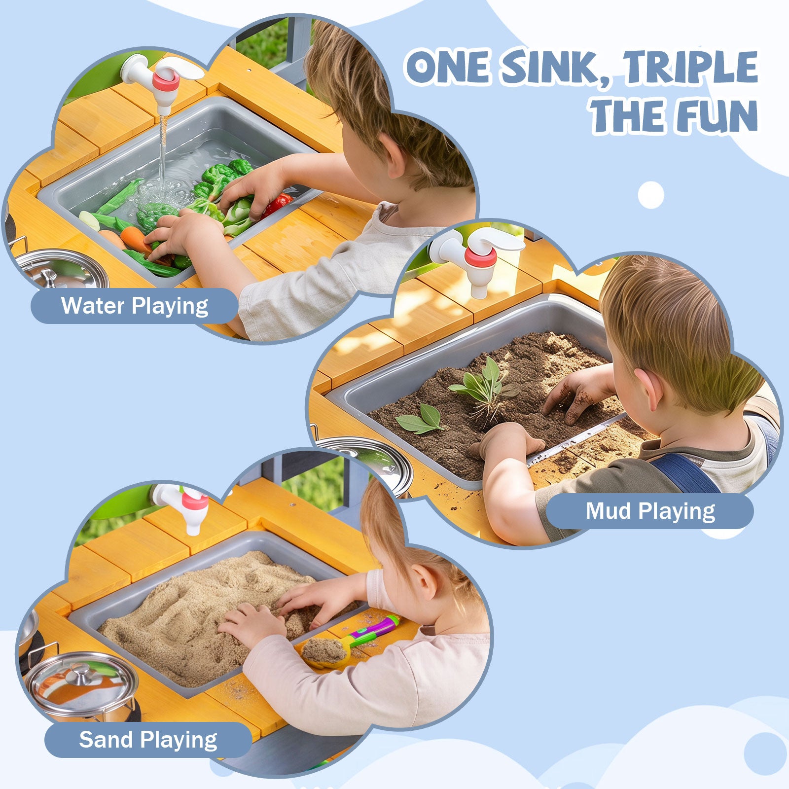 Mud Kitchen Set for Kids, Outdoor Wooden Play Kitchen Potting Bench with Running Water Reservoir