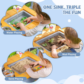 Mud Kitchen Set for Kids, Outdoor Wooden Play Kitchen Potting Bench with Running Water Reservoir