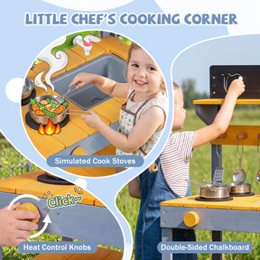 Mud Kitchen Set for Kids, Outdoor Wooden Play Kitchen Potting Bench with Running Water Reservoir
