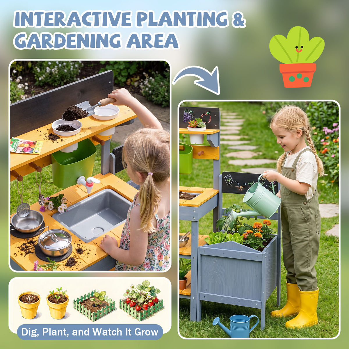 Mud Kitchen Set for Kids, Outdoor Wooden Play Kitchen Potting Bench with Running Water Reservoir