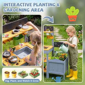 Mud Kitchen Set for Kids, Outdoor Wooden Play Kitchen Potting Bench with Running Water Reservoir