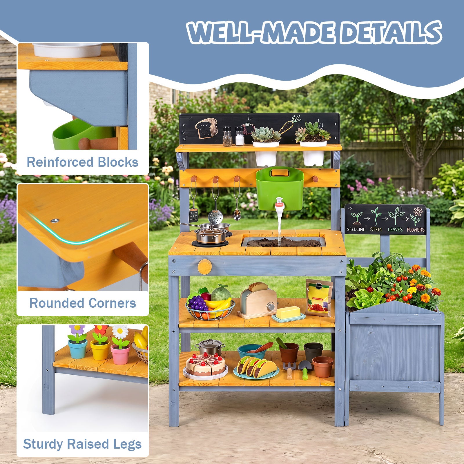 Mud Kitchen Set for Kids, Outdoor Wooden Play Kitchen Potting Bench with Running Water Reservoir