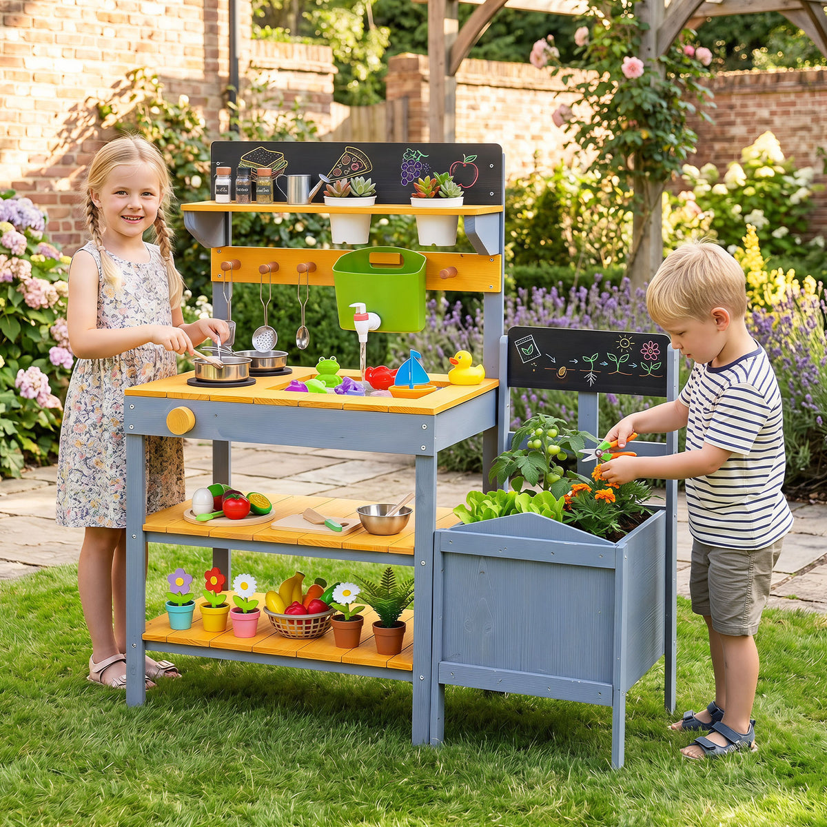 Mud Kitchen Set for Kids, Outdoor Wooden Play Kitchen Potting Bench with Running Water Reservoir
