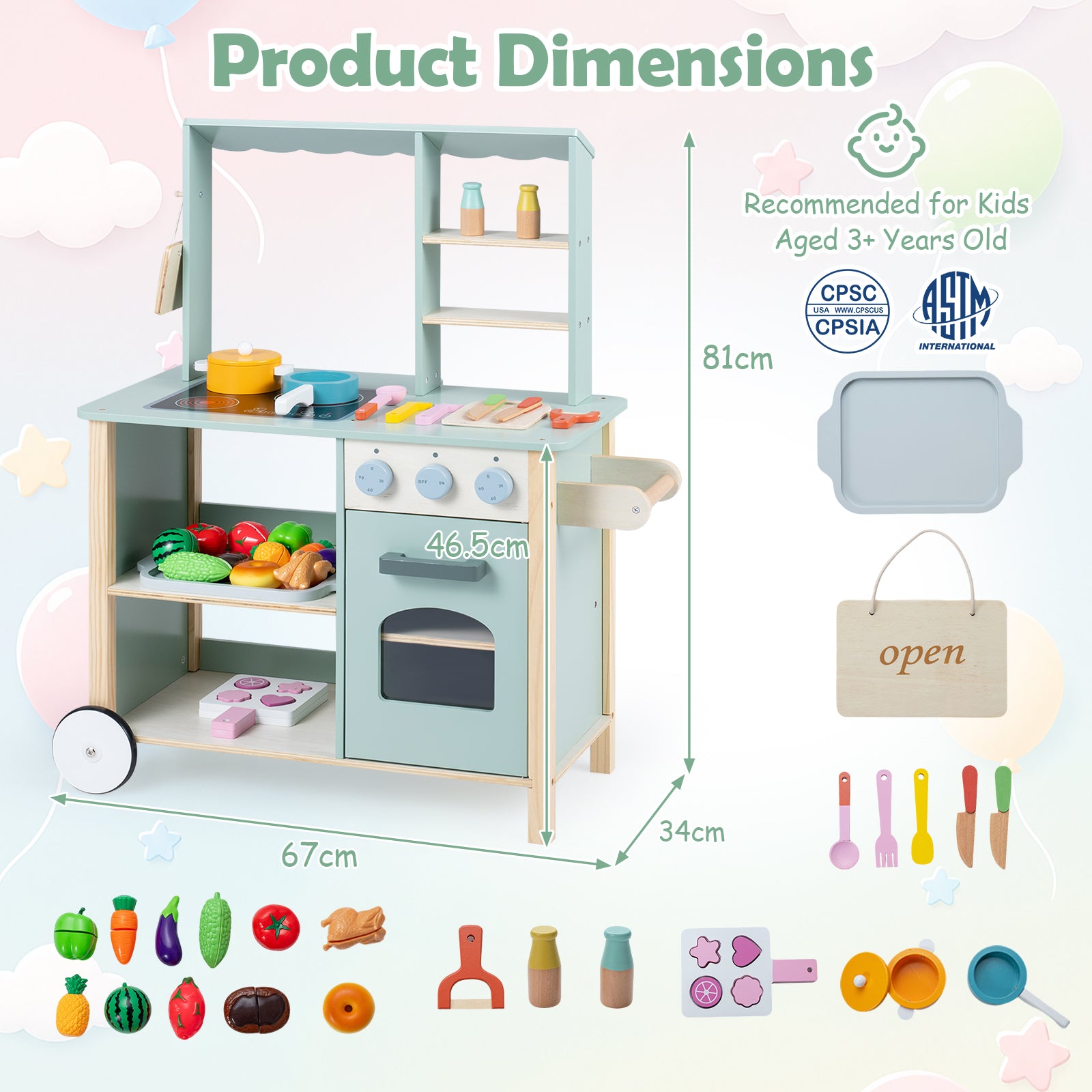 Play Kitchen for Kids, Wooden Kitchen Playset with Stoves, Oven