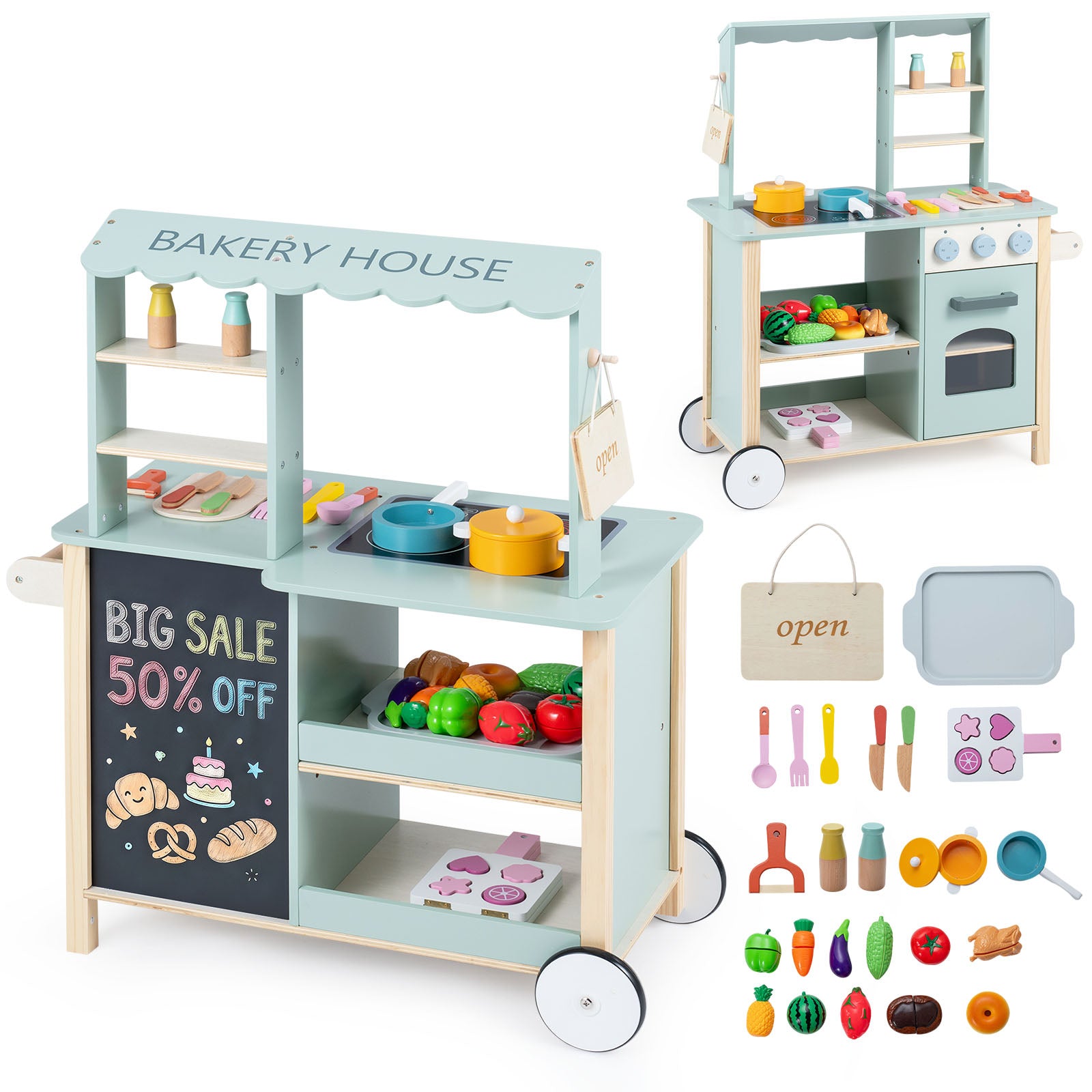 Play Kitchen for Kids, Wooden Kitchen Playset with Stoves, Oven