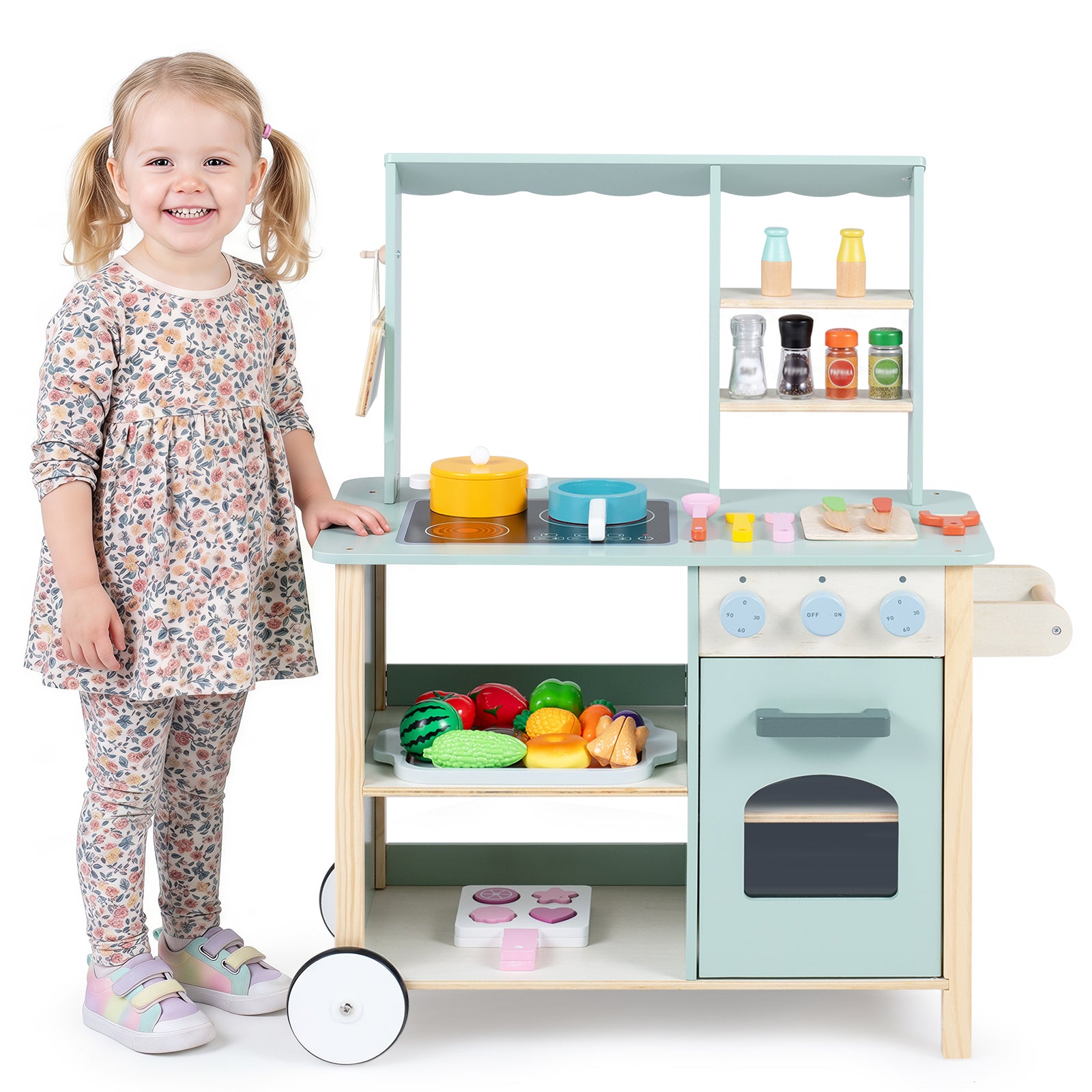 Play Kitchen for Kids, Wooden Kitchen Playset with Stoves, Oven