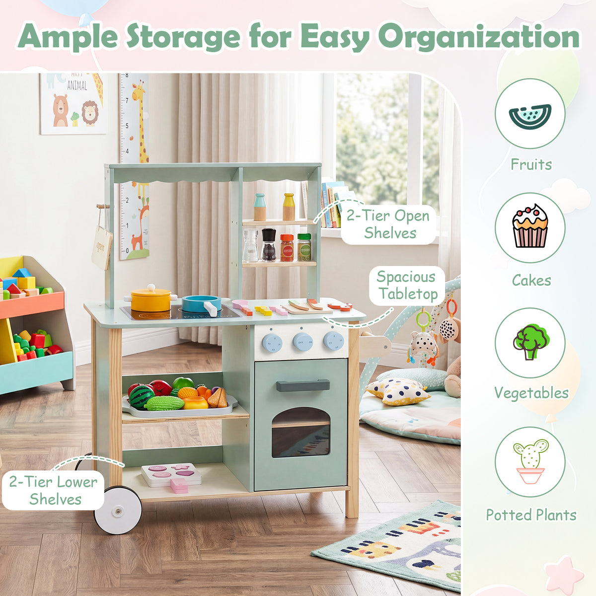 Play Kitchen for Kids, Wooden Kitchen Playset with Stoves, Oven